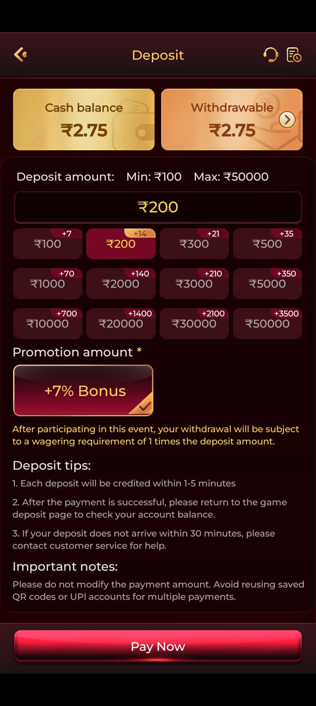 IC7 app deposit screen showing UPI